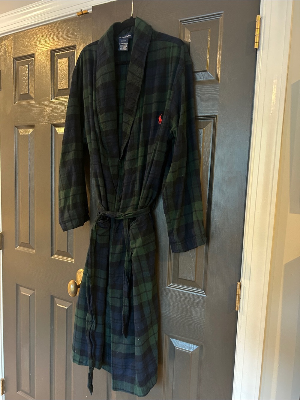 Polo by Ralph Lauren Men's Green & Navy Plaid Flannel Lightweight Robe